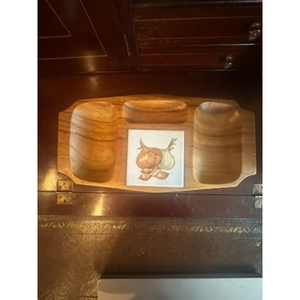 Vintage Mid-Century Wood Serving Charcuterie Tray with Vegetable Tile Inlay